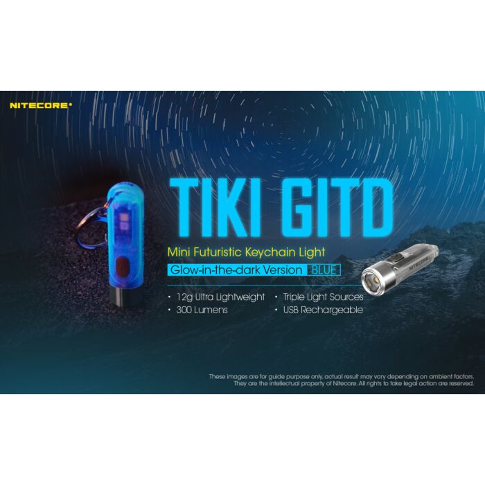 Nitecore - TIKI GITD Blue - Portachiavi Ricaricabile USB + UV - 300 lumens e 71 metri - Torcia Led 