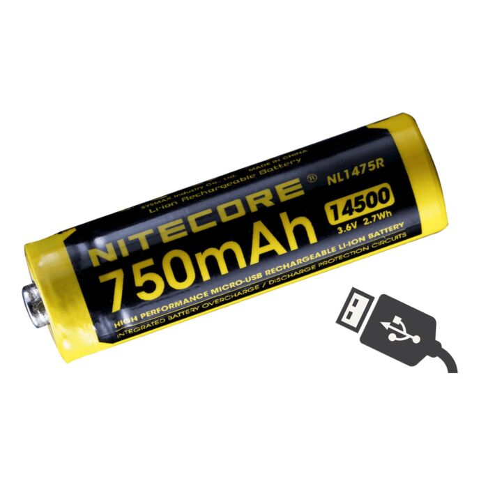 Nitecore - NL1475R MicroUSB - Batteria ricaricabile protetta Li-Ion 14500 3.6V 750mAh 