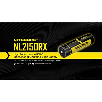 Nitecore - NL2150RX Con Plug USB-C - Batteria Ricaricabile Protetta Li-Ion 21700 3.6V 5000mAh e Power Bank 