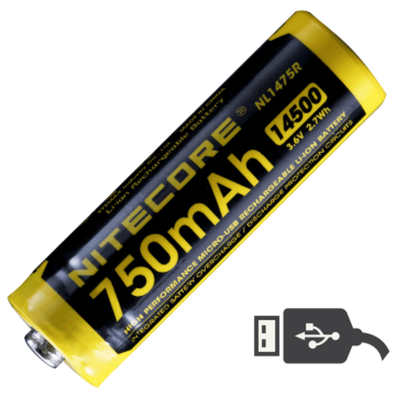 Nitecore - NL1475R MicroUSB - Batteria ricaricabile protetta Li-Ion 14500 3.6V 750mAh 