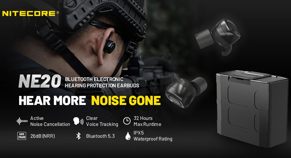 Nitecore - NE20 - Auricolari Bluetooth con protezione acustica in-ear su rumori superiori a 82dB - Cuffie Anti Rumore